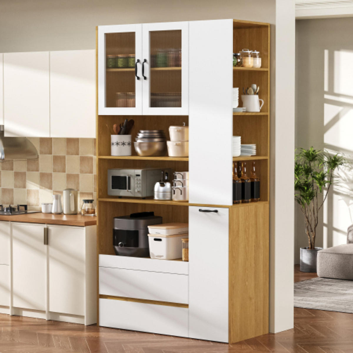 HIGHBOARD mit Riffelglas weiß-natur 100×40×200 cm aus MDF - Naturfarben, Holzwerkstoff (100/200/40cm) - Luhomfu