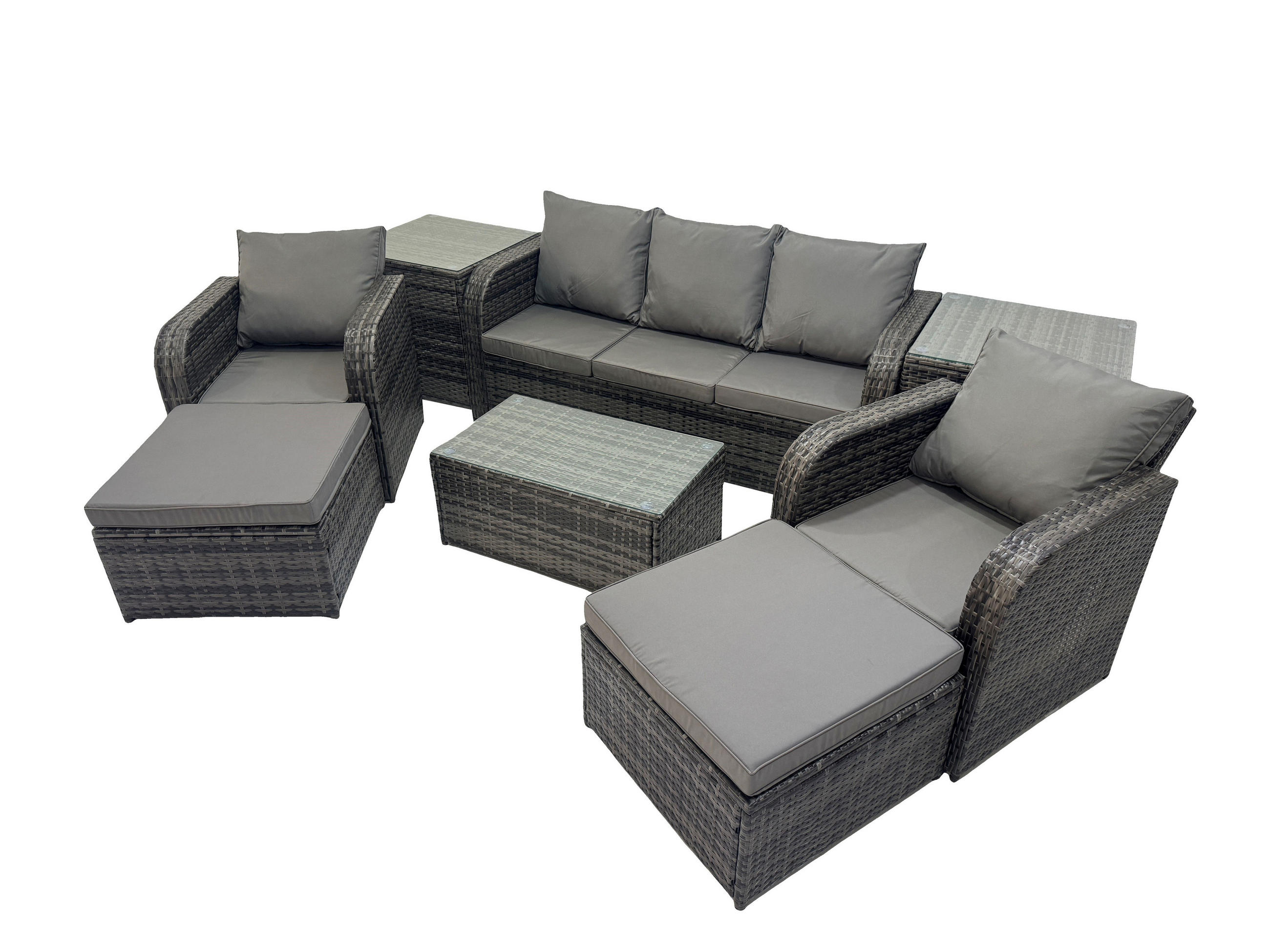 GARTENMÖBELSET mit Couchtisch Polyrattan 7-Sitzer - Dunkelgrau/Grau, Glas/Kunststoff - Fimous