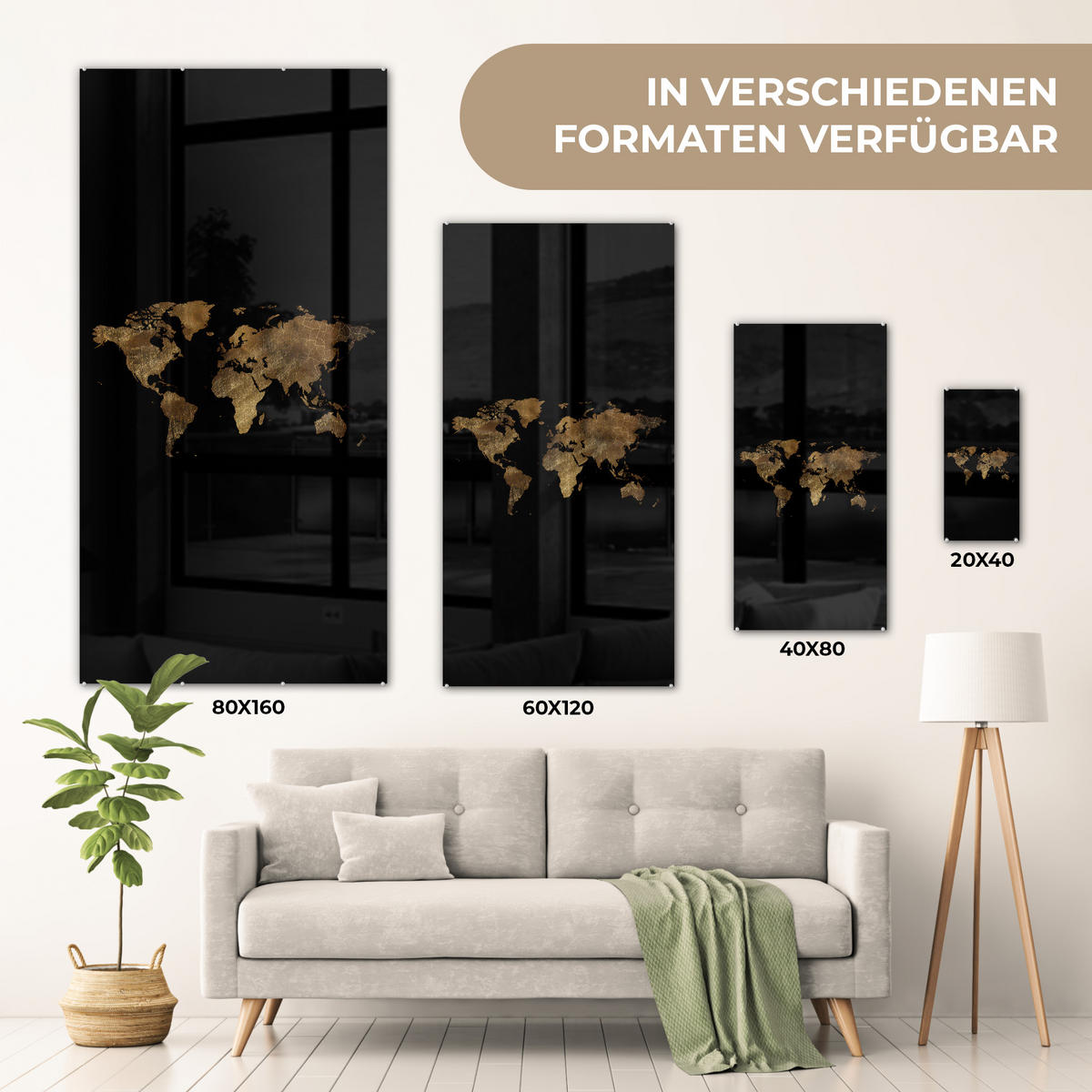 ACRYLGLASBILD Weltkarte - Gold - Luxus - Erde - Schwarz 60x120 cm - Goldfarben, Glas (60/120cm) - MuchoWow
