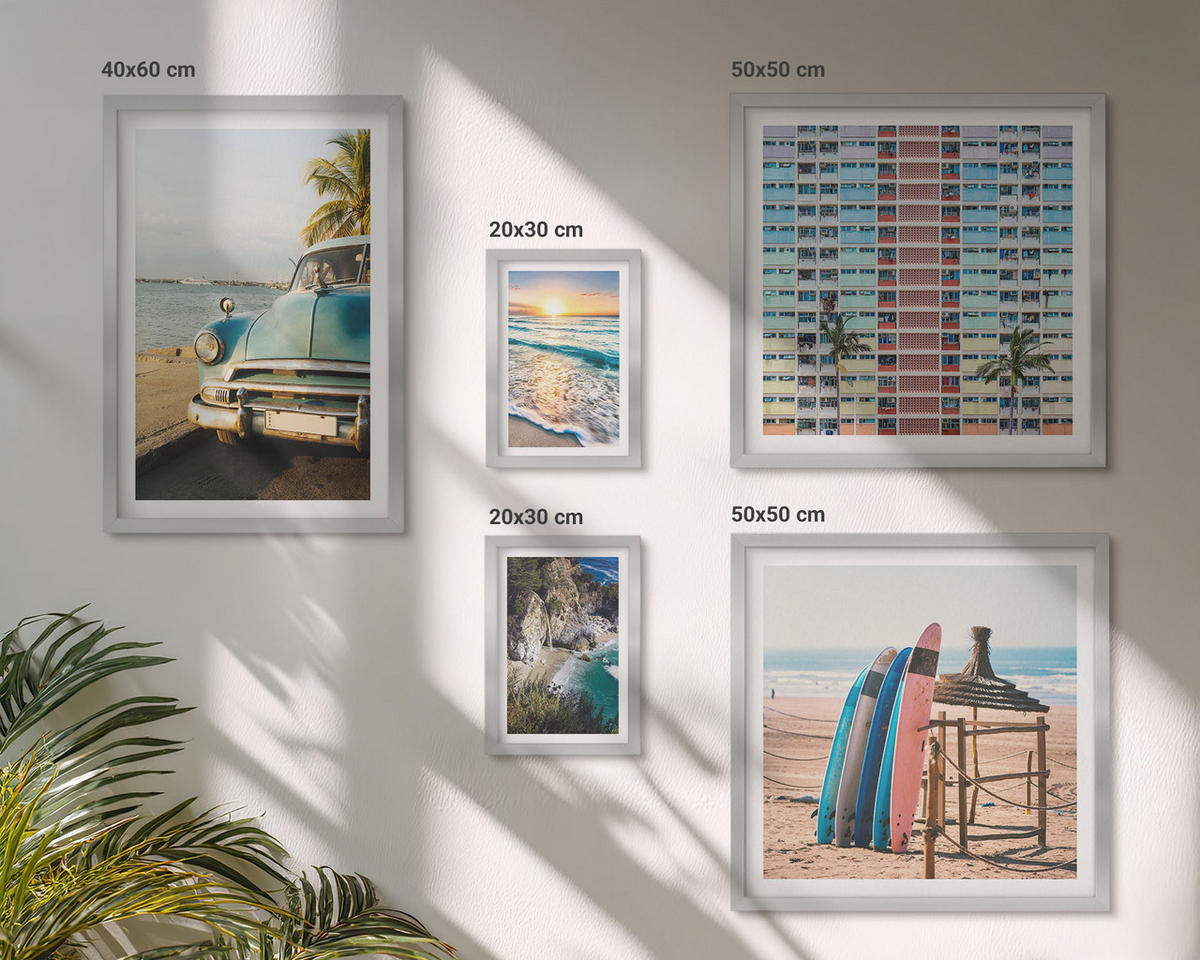 BILDER SET 5er Set - 50x50 cm & 20x30 cm & 40x60 cm Silberner Rahmen - Sonnenuntergang in Miami - Silberfarben, Kunststoff (40/60cm) - TULUP