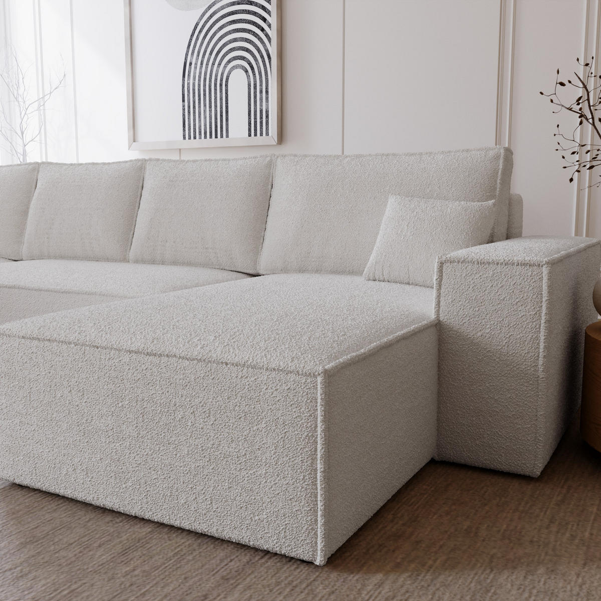 ECKCOUCH Bergamo U Bouclé mit Schlaffunktion, 380 cm, Hellgrau - Hellgrau, Holz (377/189cm) - Emporius