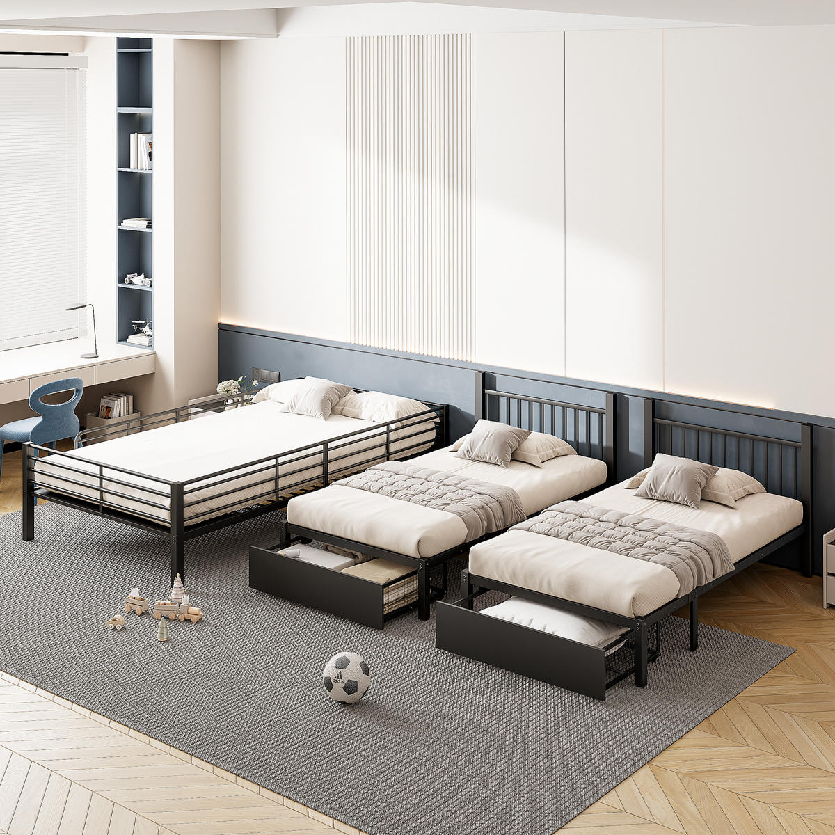 ETAGENBETT 140/200 cm schwarz aus Metall mit 2 Schubladen teilbar - Schwarz, Metall (140/200cm) - OKWISH