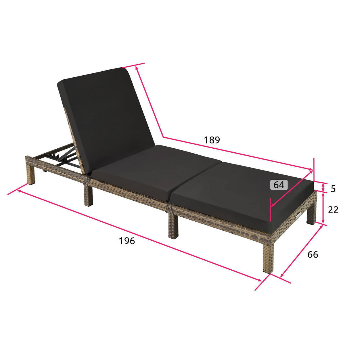 RATTAN-SONNENLIEGE Sofia,196 x 66 x 27 cm,natur - Naturfarben, Kunststoff (66/27/196cm) - tectake