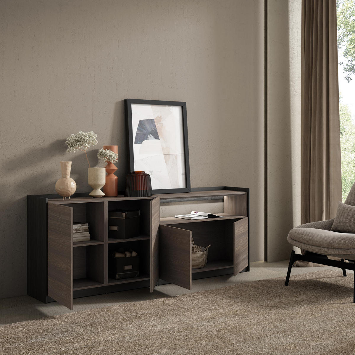 SIDEBOARD, Dunkler Eiche und Schwarz, 207/37/80cm, mit Led - Dunkelbraun, Holzwerkstoff (207/80/37cm) - Skraut Home