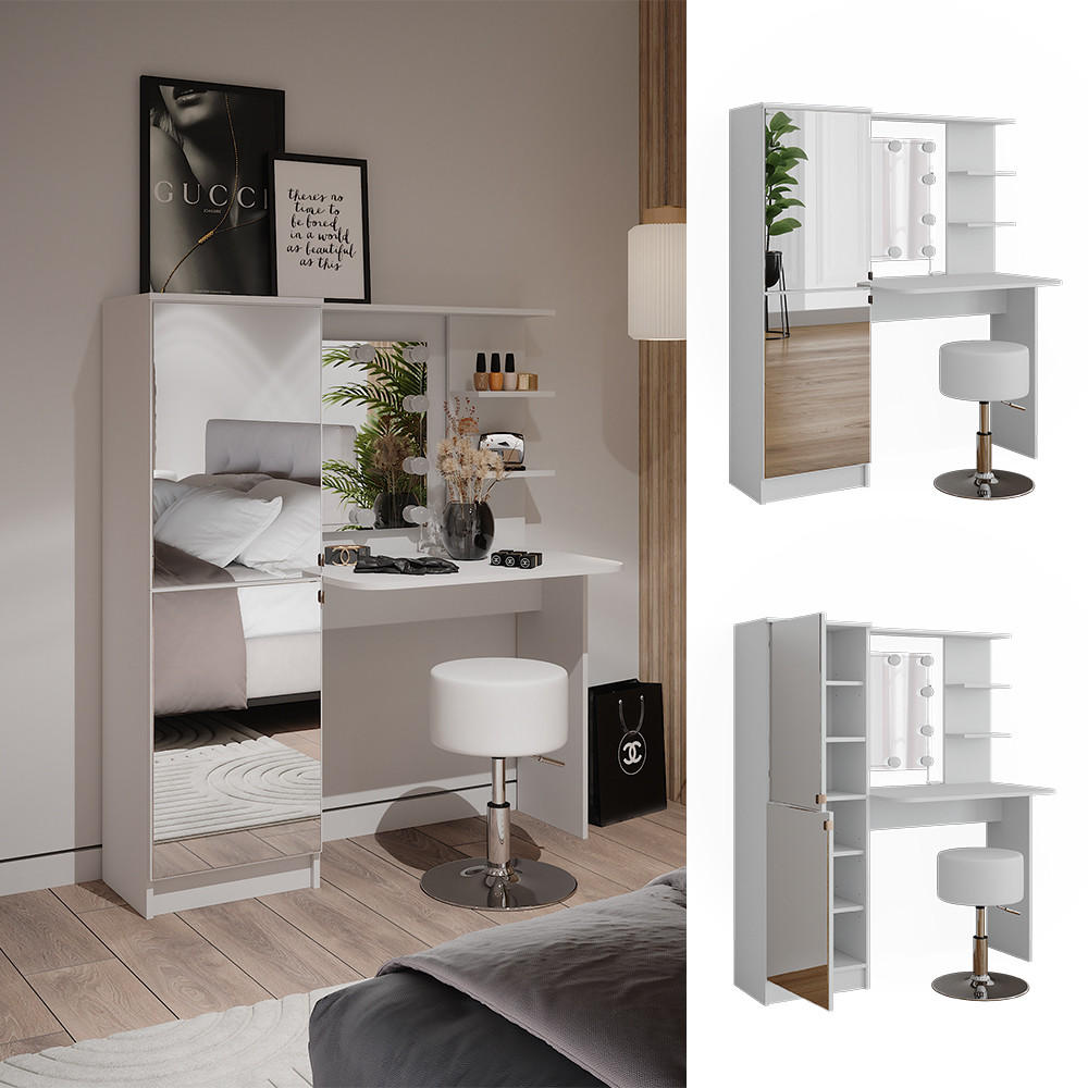 SCHMINKTISCH Weiß 123 cm mit LED-Beleuchtung und Hocker - Weiß, Holzwerkstoff (123/141.2/33cm) - Vicco
