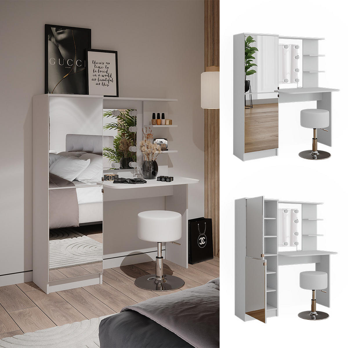 SCHMINKTISCH Weiß 123 cm mit LED-Beleuchtung und Hocker - Weiß, Holzwerkstoff (123/141.2/33cm) - Vicco