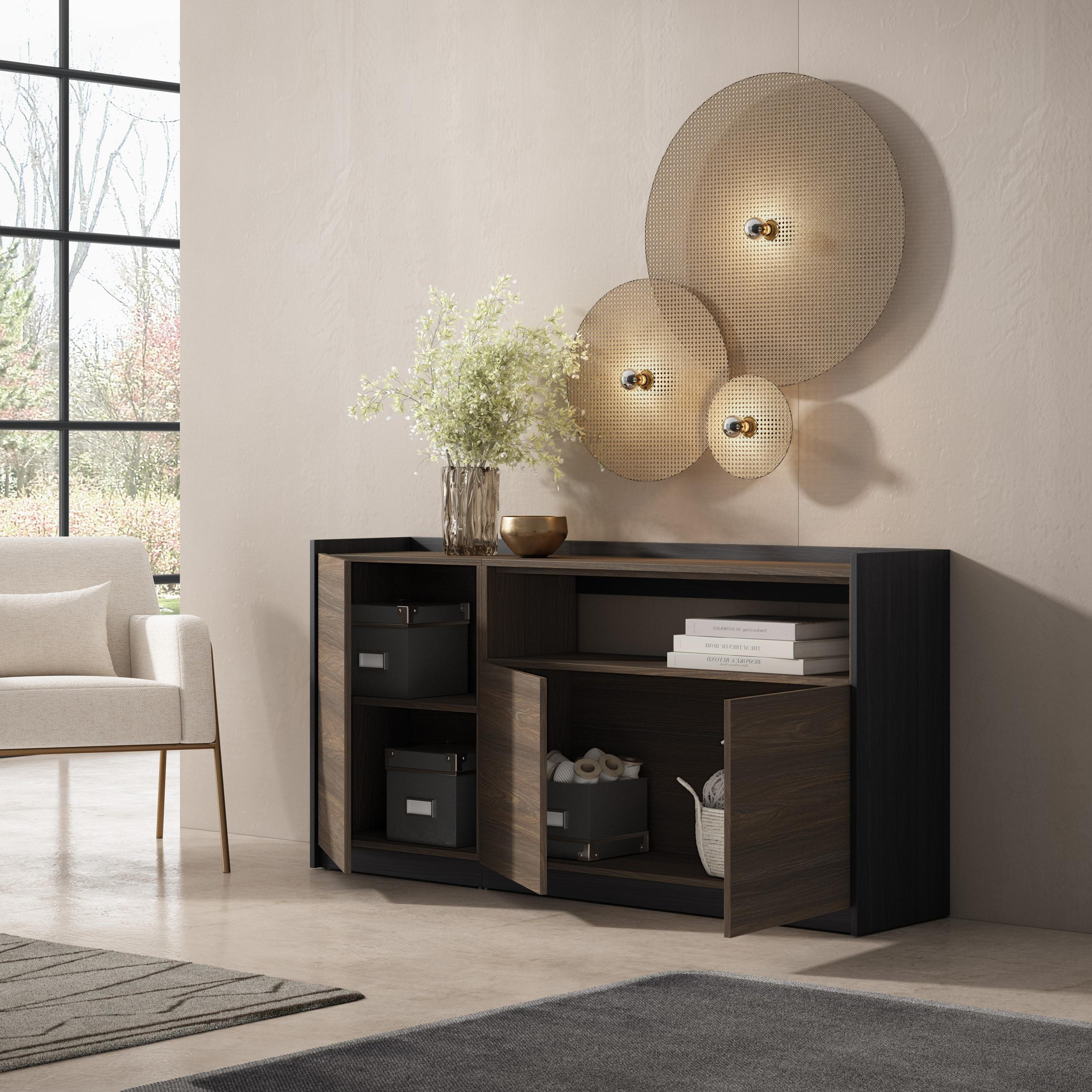 SIDEBOARD, Highboard, Dunkler Eiche und Schwarz, 156/37/80cm - Dunkelbraun, Holzwerkstoff (156/80/37cm) - Skraut Home