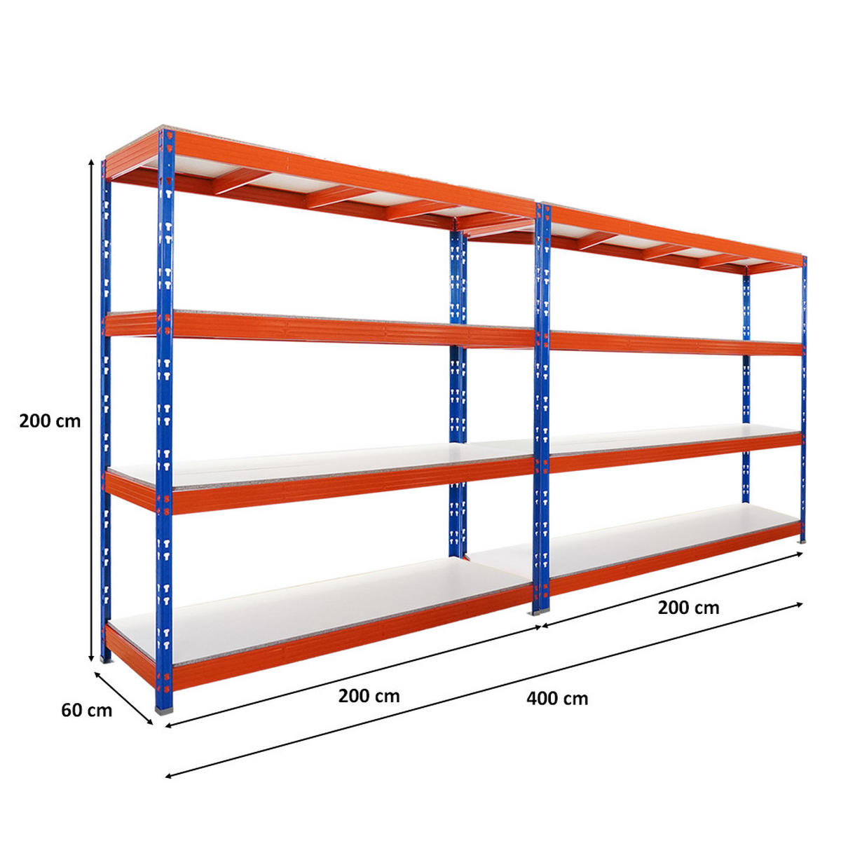 SCHWERLASTREGAL Rhino 2er-Set 200x200x60 cm 4 Melamin-Ebenen 16mm Fachlast 500 kg Blau/Orange - Blau/Orange, Metall (400/200/60cm) - PROREGAL