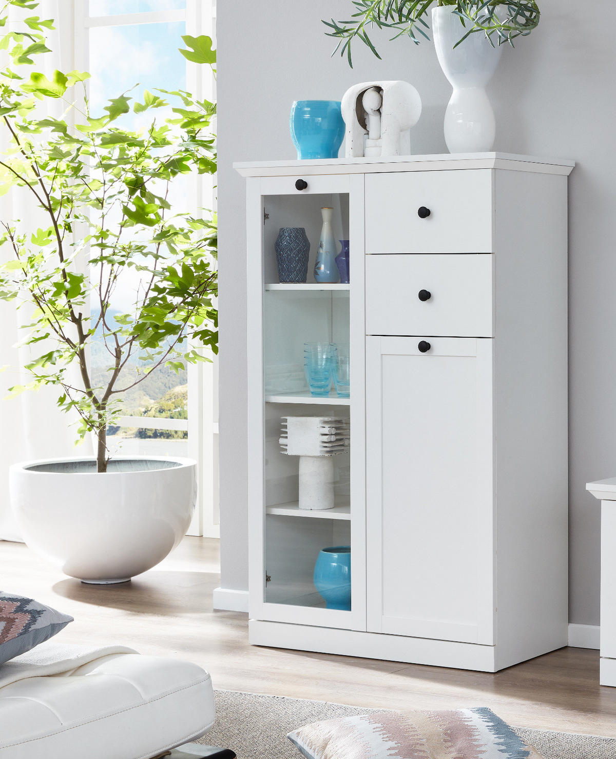 WOHNWAND weiß Set 3-teilig 273 cm, Wohnzimmer Schränke im landhaus-Stil - Silberfarben/Weiß, Glas/Holzwerkstoff (273/180/41cm) - Top.Furn