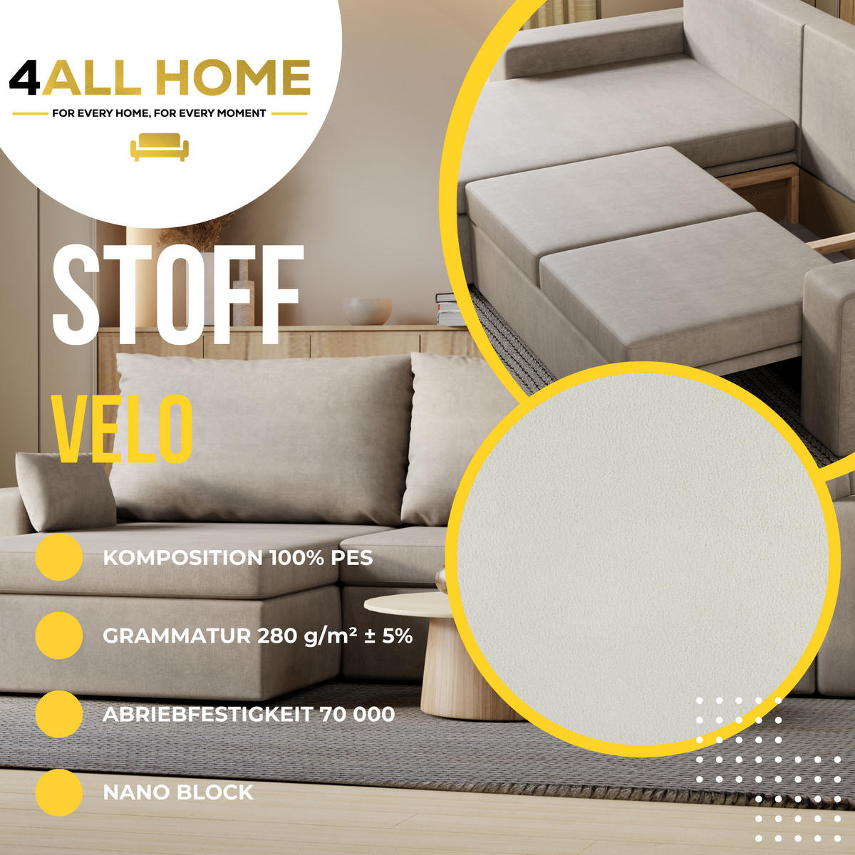 ECKSOFA Paco mit Bettkasten und Schlaffunktion, L-Form/XL-Form, Velourstoff, Universal - Weiß, Holzwerkstoff (276/145cm) - 4ALL HOME