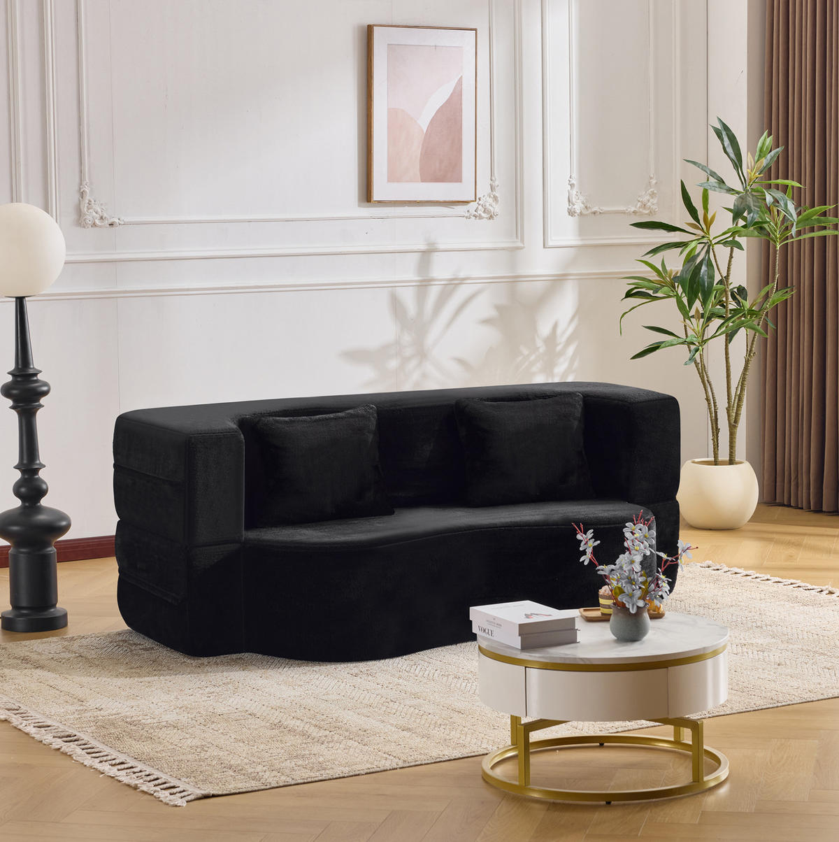 SCHLAFSOFA 2-in-1 klappbar mit hochdichter Schaumstoffpolsterung und 2 Kissen, Schwarz - Schwarz, Kunststoff (180/70/55cm) - Redom