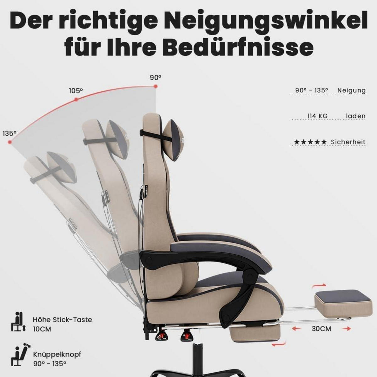 GAMING Stuhl mit Fußstütze Beige - Beige, Textil (57/45/52cm)