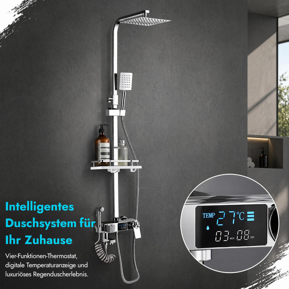 DUSCHSYSTEM Chrom Digital-Temperaturanzeige 4-Funktions Duschset - Silberfarben, Metall (30/11.8/72cm) - SHOPENTRA