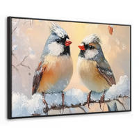 LEINWAND Bilder mit Rahmen - Vögel - Zweig - Winter - Schnee - 90x60 - Pastellblau, Textil (90/60cm) - MuchoWow