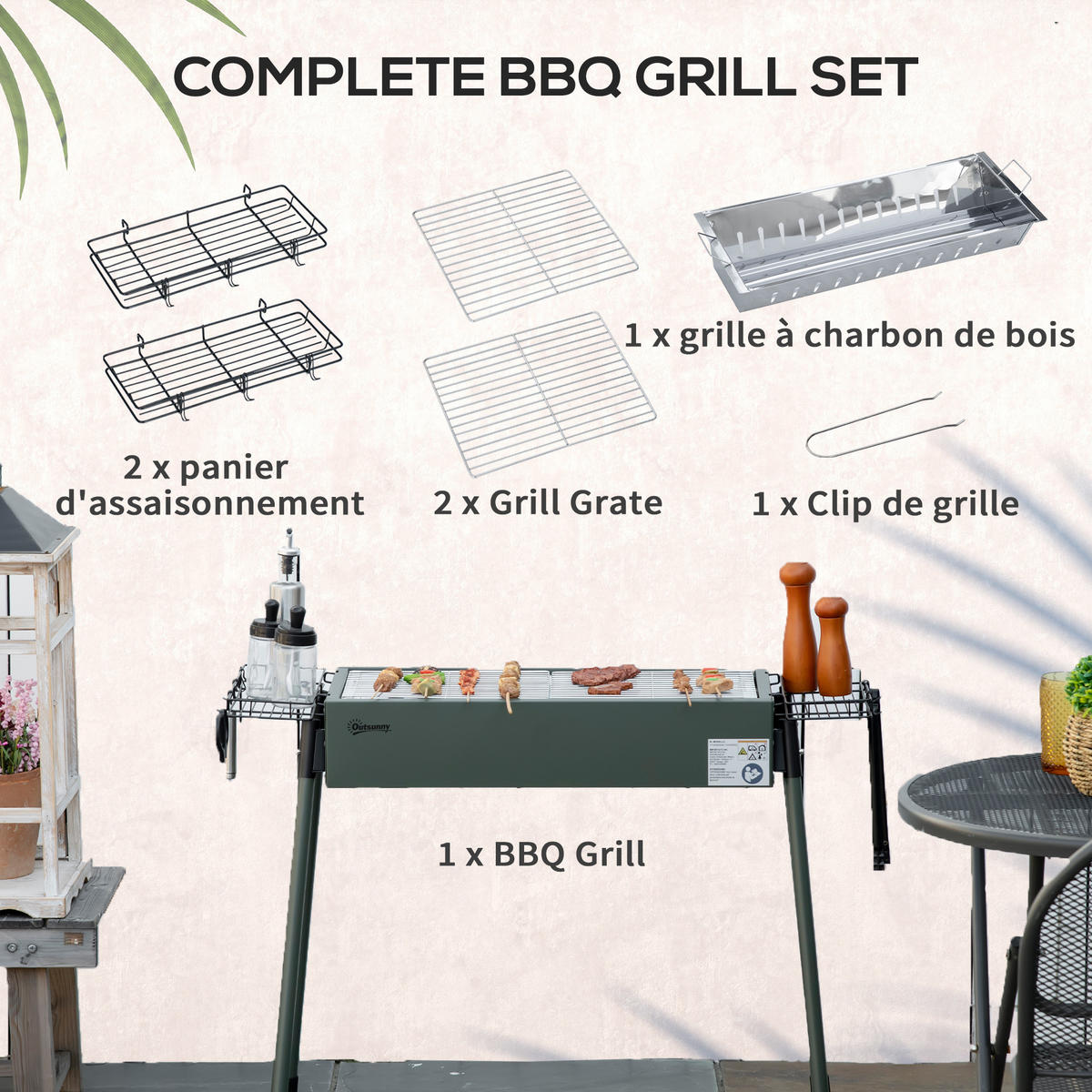 HOLZKOHLEGRILL DE-18259 tragbar mit 2 Grillrosten & 2 Seitenablagen - Dunkelgrün, Metall (39/70/94cm) - ComfortXL