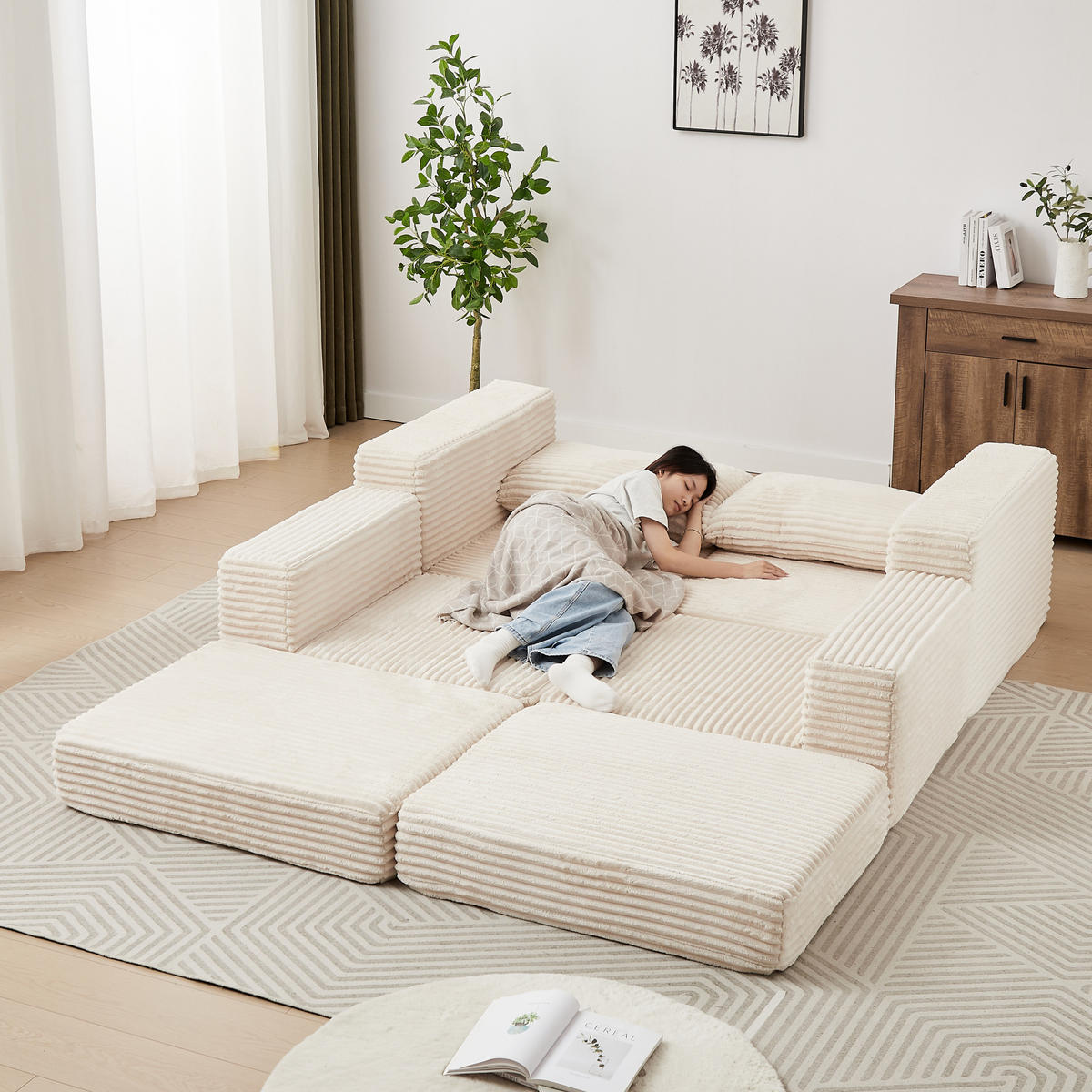 SOFA-BETT modular mit beweglicher Fußstütze Cord Beige - Beige, Kunststoff (169.5/194cm) - Meubliv