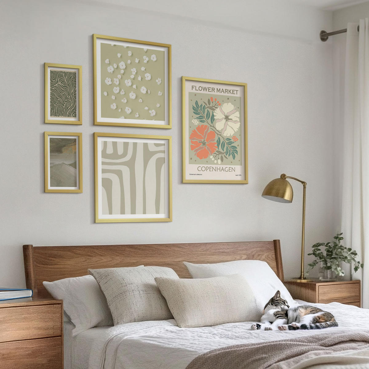 BILDER SET 5er Set - 50x50 cm & 20x30 cm & 40x60 cm Goldrahmen - Abstrakte Boho-Muster - Goldfarben, Kunststoff (40/60cm) - TULUP