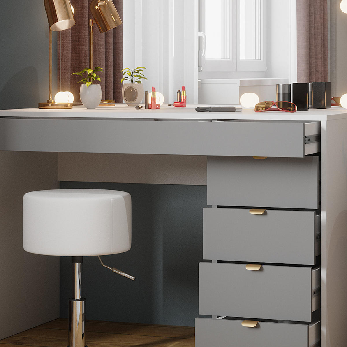 SCHMINKTISCH Elise Weiß/Grau/Grau 115 cm mit LED Beleuchtung und Hocker - Weiß/Grau, Holzwerkstoff (115/76/55cm) - Vicco