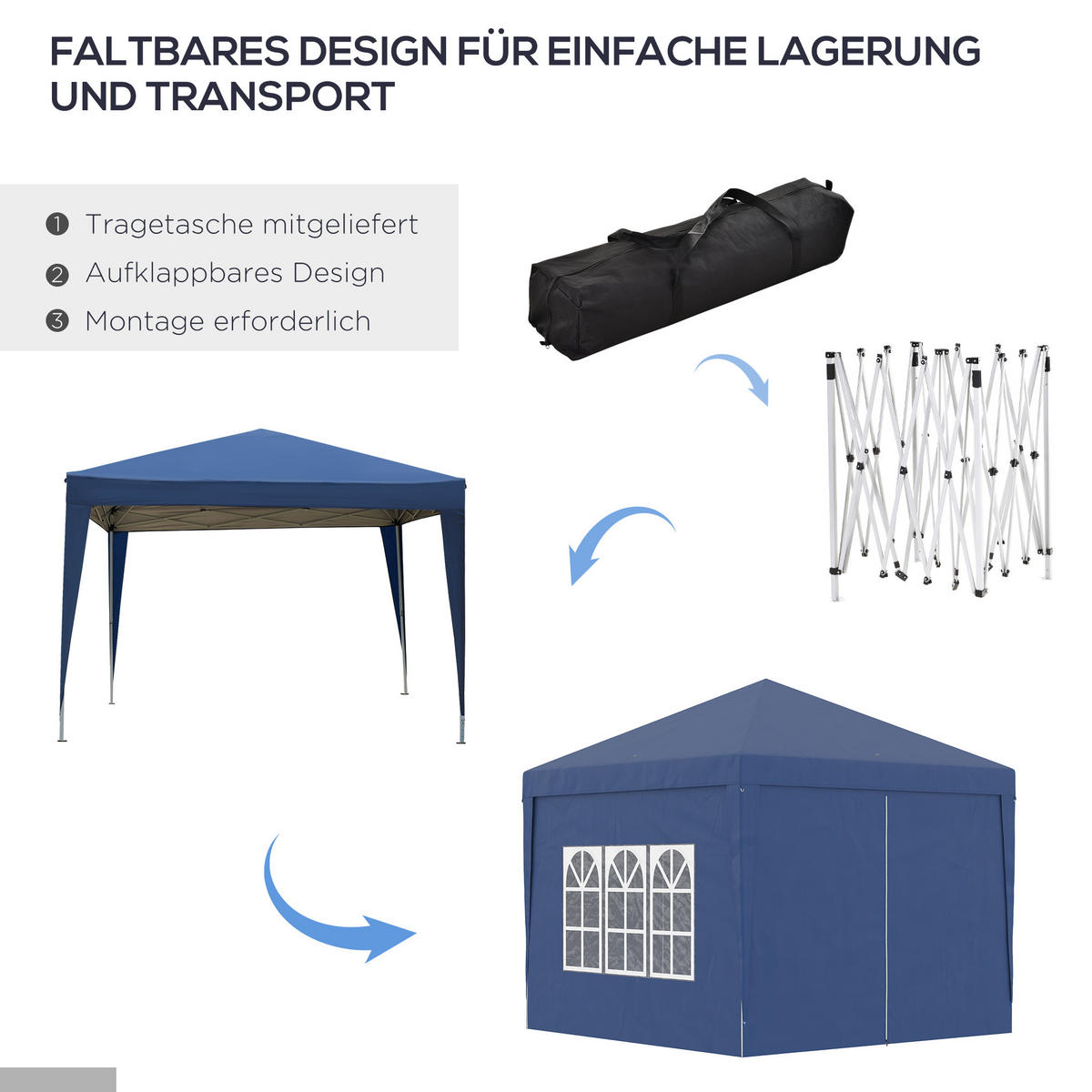 PAVILLON mit 4 Seitenwänden, Oxfordstoff, Stahl, Blau - Blau, Metall (2.95/2.58/2.95cm) - Outsunny