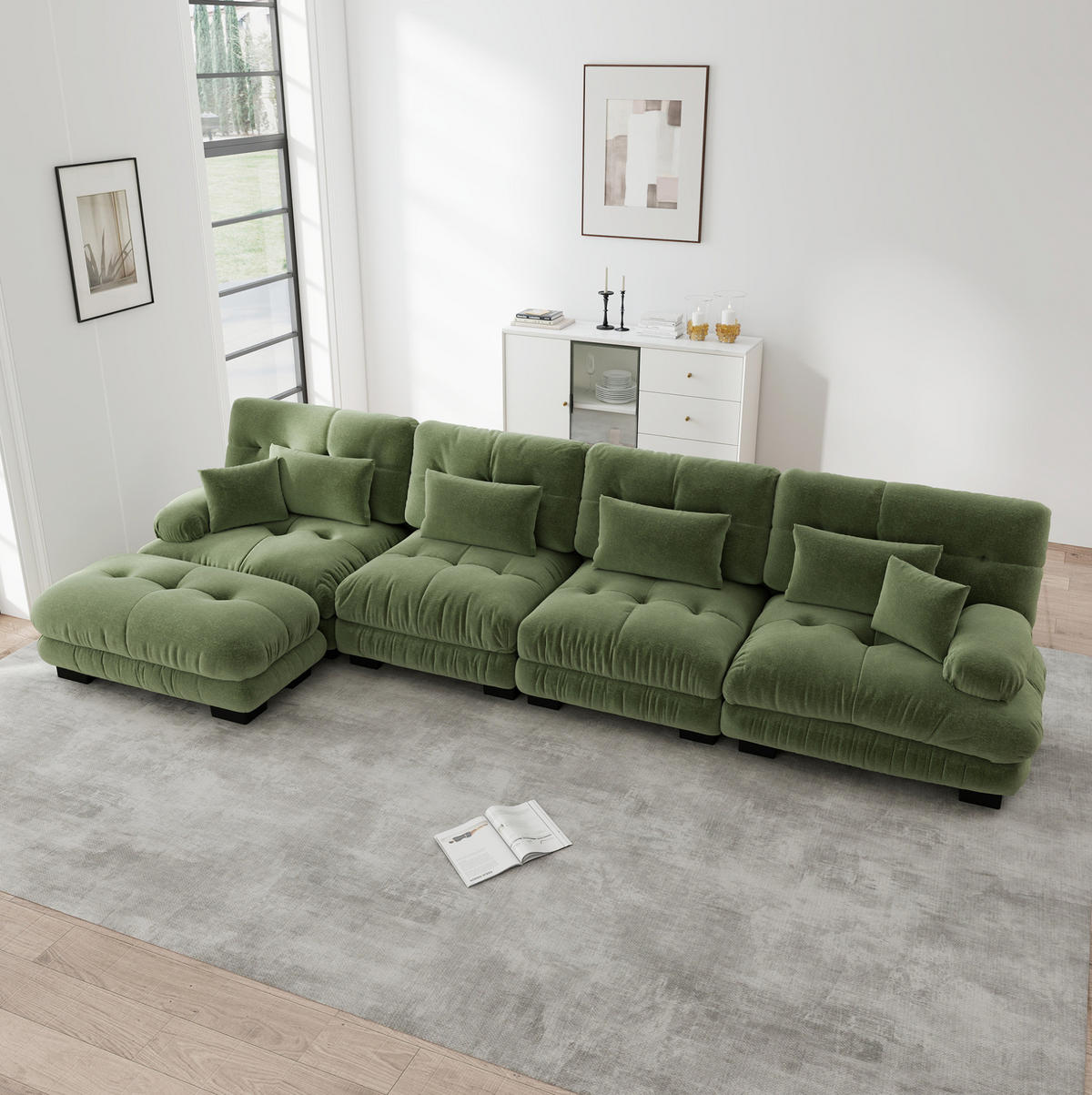 ECKSOFA 406/145/81 cm grün aus Chenille mit modularem Ottoman und Cloud-Komfort - Grün, Textil (145/406cm) - OKWISH