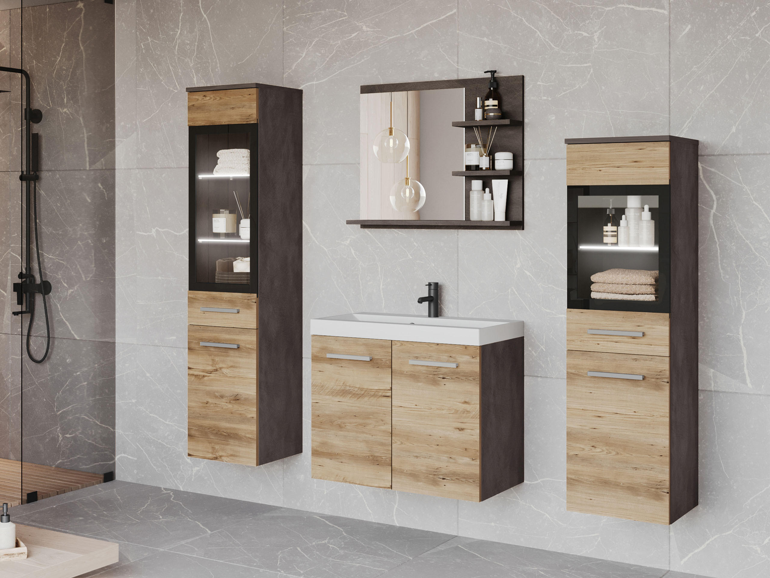 BADMÖBEL-SET Madrit I mit weißer LED Beleuchtung - Braun/Grau, Holzwerkstoff (30/132/30cm) - MIRJAN24