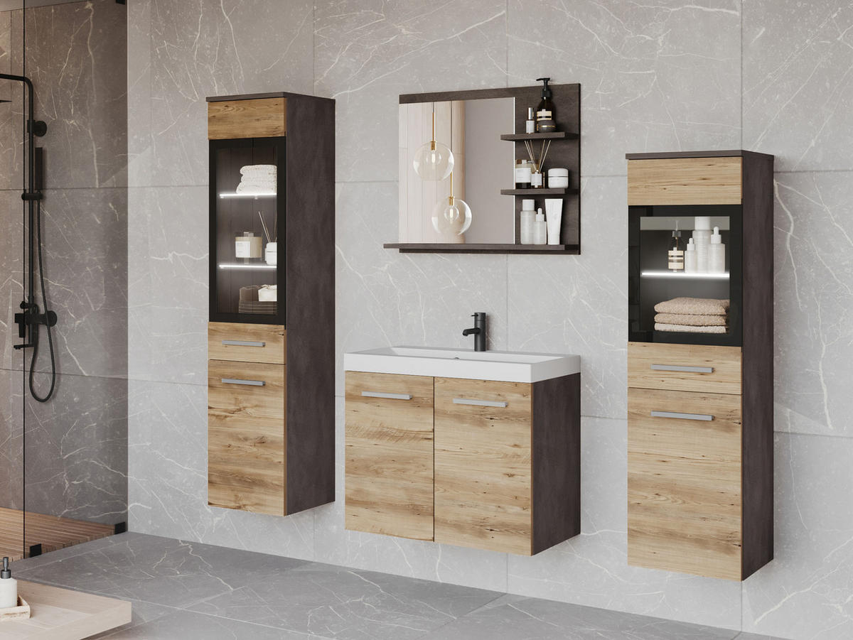 BADMÖBEL-SET Madrit I mit weißer LED Beleuchtung - Braun/Grau, Holzwerkstoff (30/132/30cm) - MIRJAN24