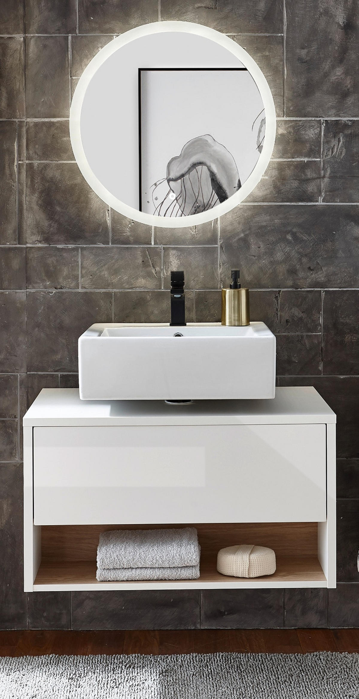 Badmöbel Set 2-teilig in weiß Hochglanz und Eiche mit LED Beleuchtung 80 x 190 cm Glide - Weiß Hochglanz/Eichefarben, Glas/Holzwerkstoff (80/190/46cm) - Furn.Design