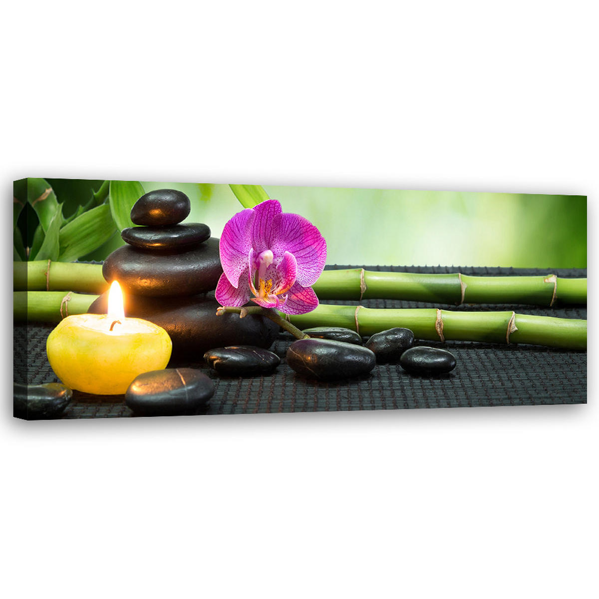 WANDBILD zen komposition mit kerze und blumen - Grün, Textil (90/30cm) - Feeby