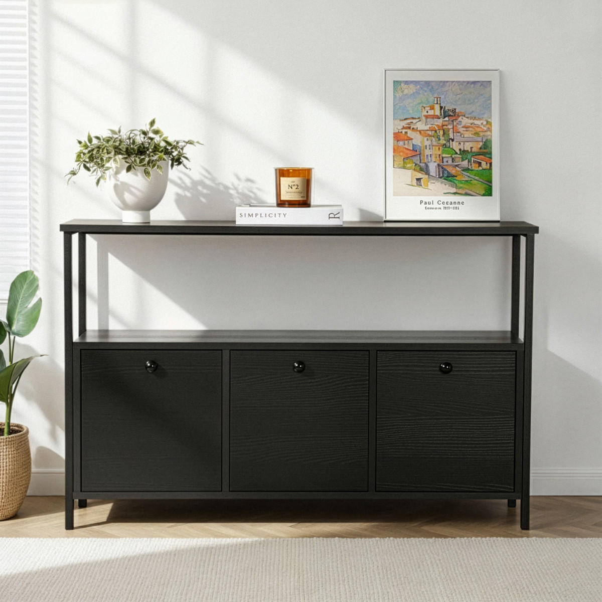SIDEBOARD mit 3 Türen und 1 oberer Ablagefläche 120/29,5/77 cm - Schwarz, Holzwerkstoff (29.5/77/120cm) - Calicosy