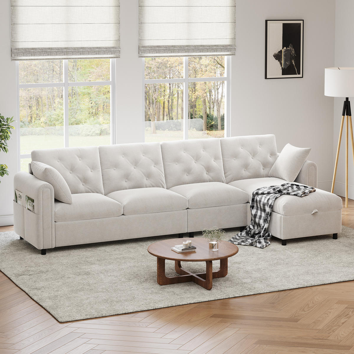 SOFA Beige L-Form Samt Stauraum Armlehne 281cm Knopfheftung - Beige, Textil (132/86/281cm) - FLIEKS