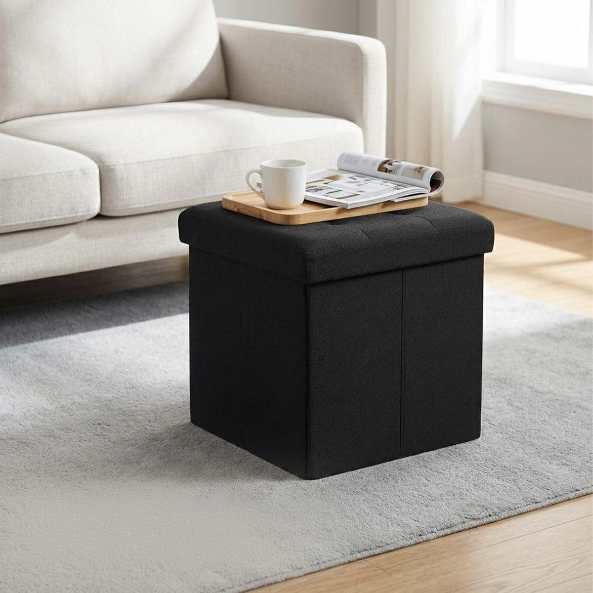 SITZHOCKER Schwarz Leinen faltbar Stauraum - Schwarz, Holzwerkstoff/Textil (38/38/38cm) - Relaxdays