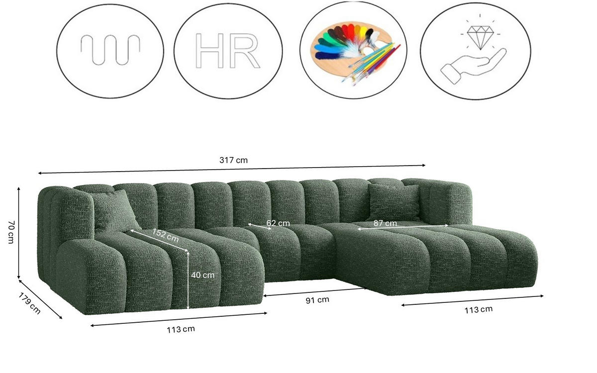 ECKSOFA U-form Grand modular stoff Haga Grün - Grün, Holz (317/179cm) - Kaiser Möbel