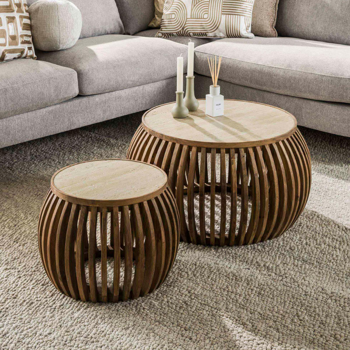 COUCHTISCH-SET ALBA FERA Bauchige Design-Satztische mit Travertin-Keramik - Beige/Braun, Holz/Keramik (75/75/40cm) - alesvelt