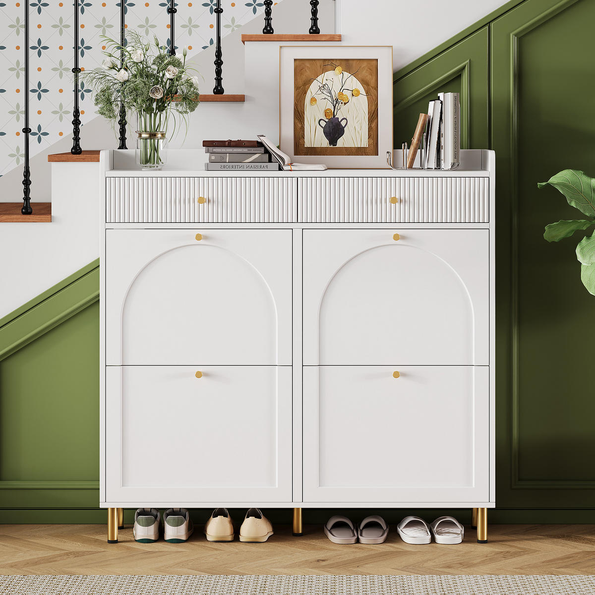 SCHUHSCHRANK schmal 4 Türen Weiß 106.5x25x105.5cm - Weiß, Holzwerkstoff (25/105.5/106.5cm) - FLIEKS