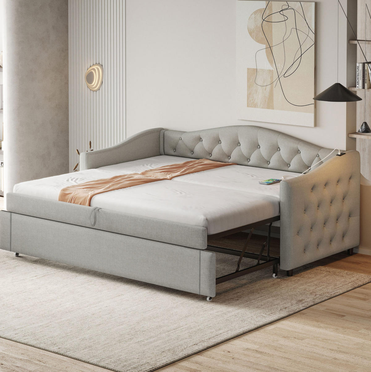 POLSTERBETT 90/200 cm Grau mit USB-Anschluss und Leinenbezug - Grau, Textil (90/200cm) - Flora Grace