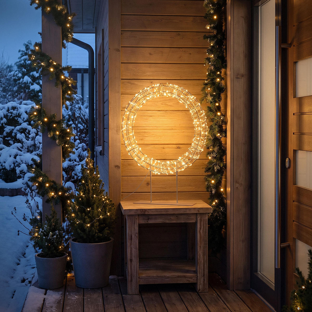 LED VÁNOČNÍ VĚNEC 53 cm s podstavcem, vánoční dekorace s řetězem světel 300 LED, teplá bílá - béžová, kov (38/53/8cm) - ECD-Germany