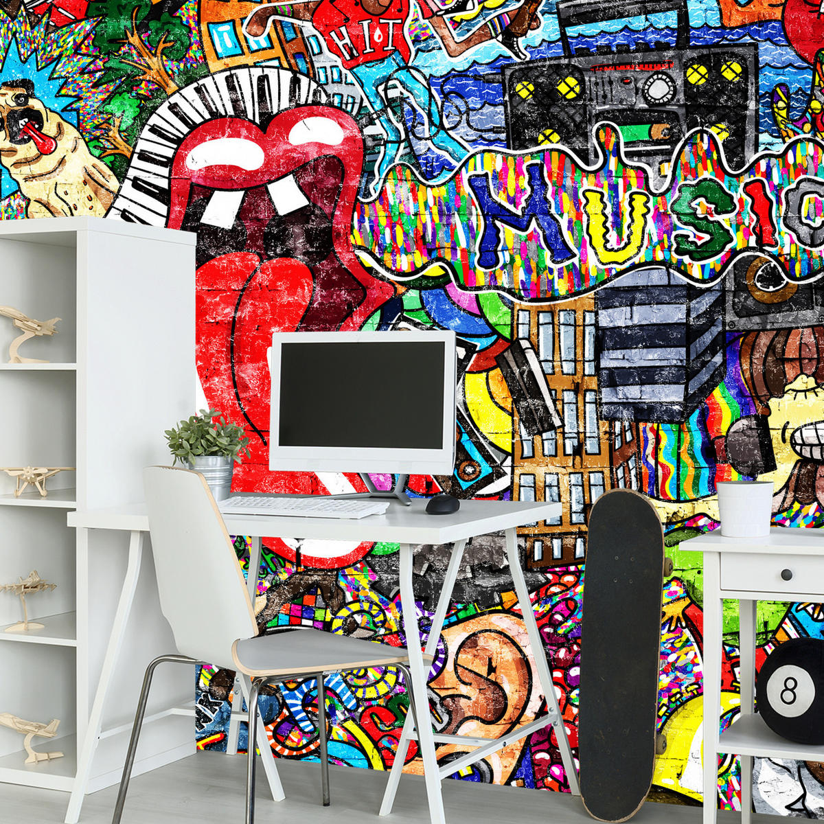 FOTOTAPETE für Jugendzimmer GRAFFITI Musik Abstrakt Farben 250x175 - Blau/Gelb, Papier (250/175cm) - Muralo