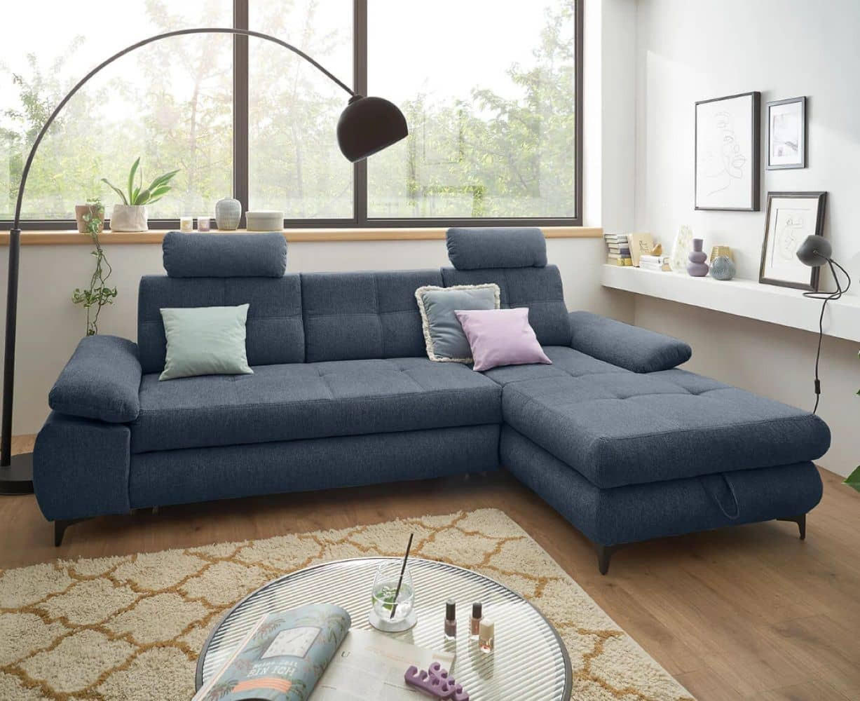 ECKSOFA mit Schlaffunktion und Bettkasten - Schwarz/Dunkelblau, Kunststoff/Textil (177/274cm) - ed exciting design