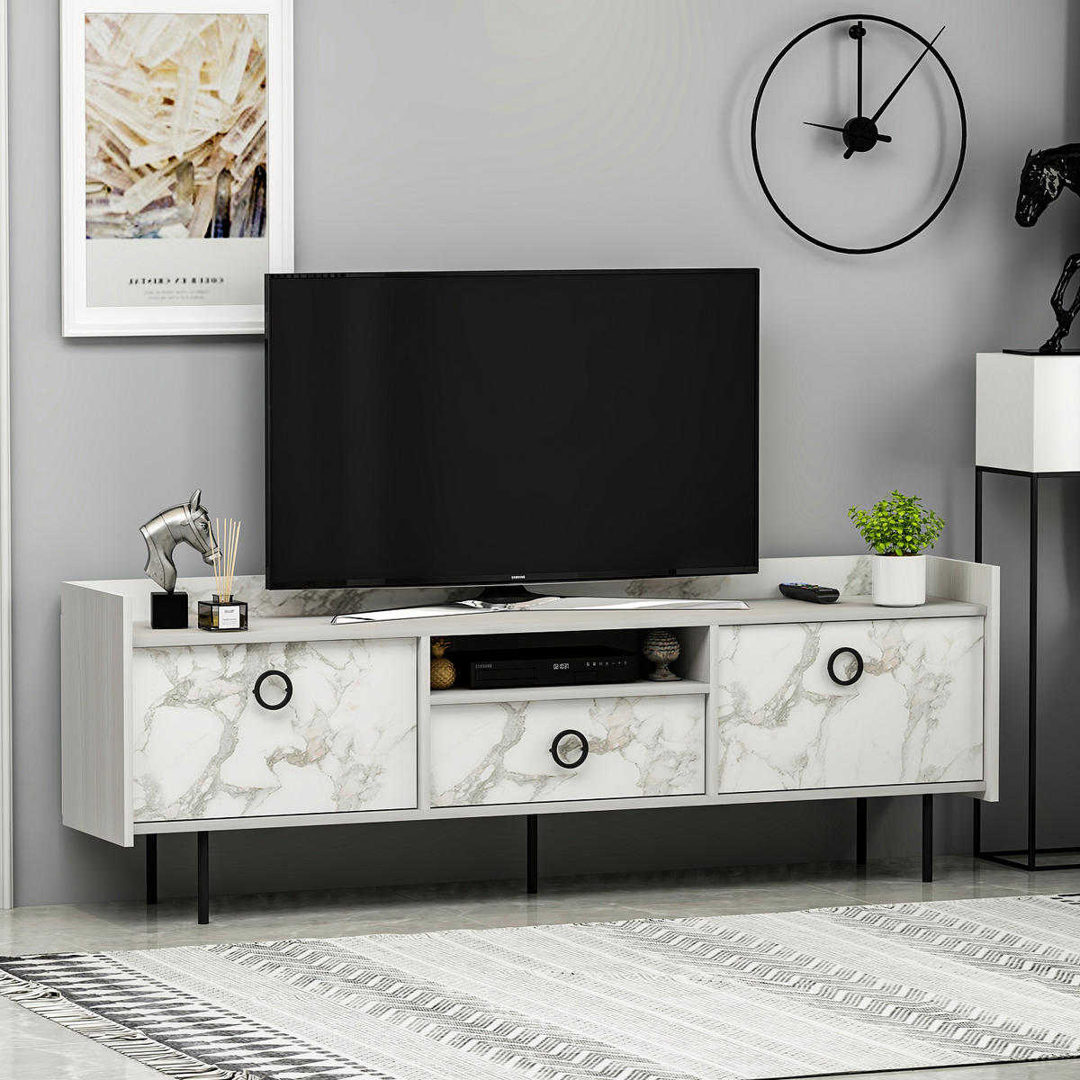 TV-LOWBOARD Büsra Weiß Holz und Marmor Optik 3 türig 9208 - Weiß/Grau, Holzwerkstoff/Metall (184/63/37cm) - moebel17