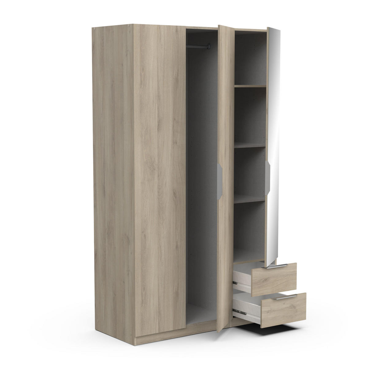 KLEIDERSCHRANK mit 3 Türen, 2 Schubladen und 1 Spiegel Ghost - L119,4 cm - Beige, Holz (119/203/51cm) - Demeyere