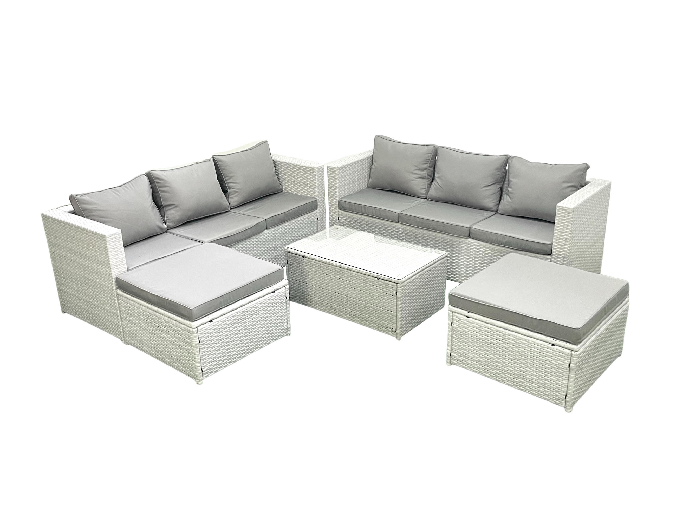 GARTENGARNITUR mit 3-SITZER SOFA,COUCHTISCH Polyrattan Hellgrau-Mix 8-Sitzer - Hellgrau/Grau, Glas/Kunststoff - Fimous