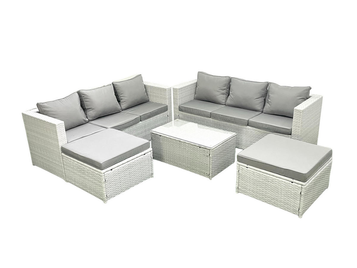 GARTENGARNITUR mit 3-SITZER SOFA,COUCHTISCH Polyrattan Hellgrau-Mix 8-Sitzer - Hellgrau/Grau, Glas/Kunststoff - Fimous