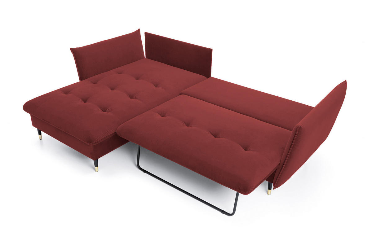 ECKSOFA GLAM mit Schlaffunktion, Ottomane & goldenen Füßen – Samtsofa im Glamour-Stil mit Zierkissen, 258x167x91cm, Linke, BURGUND - Bordeaux, Holz/Textil (167/258cm) - DomoHome