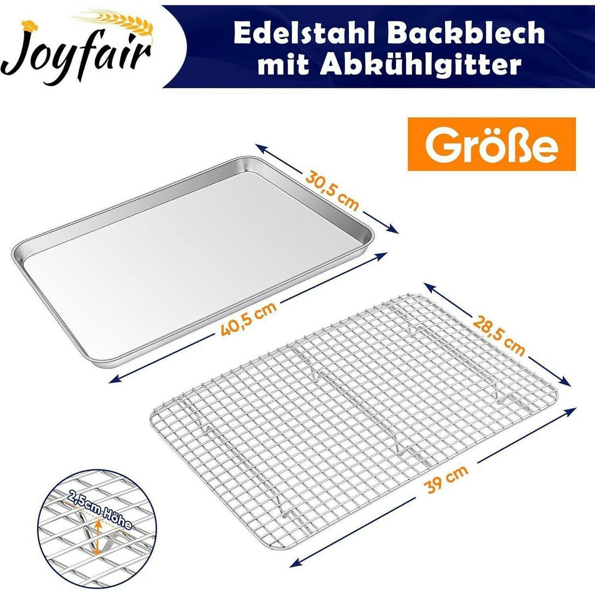 BACKBLECH mit Abkühlgitter Set 40,5 x 30,5 x 2,5 cm Edelstahl - Silberfarben, Metall (30/2.5/40.5cm)
