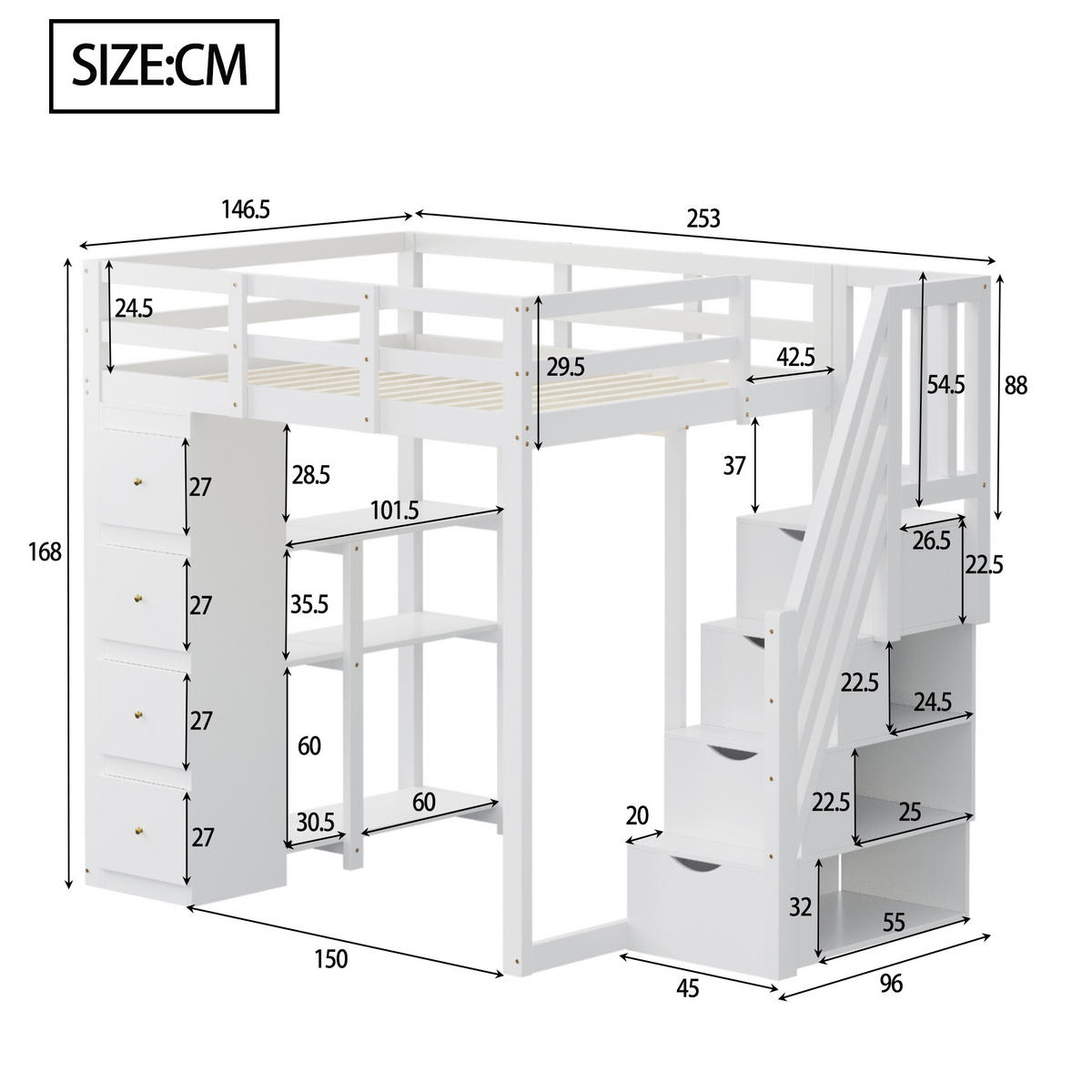 HOCHBETT 140/200 cm Weiß mit Aufbewahrungsschublade und Sicherheitsleiter ohne Matratze - Weiß, Holz (140/200cm) - OKWISH