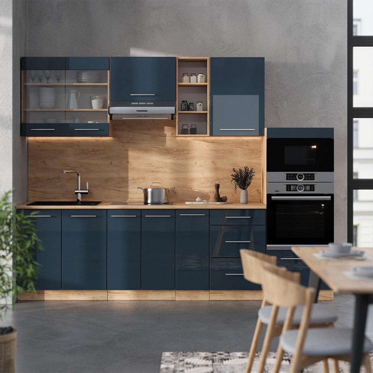 KUHINJSKI BLOK Fame-Line Temno modra barva visokega sijaja/zlati hrast 280 cm , DP Antracit - medeni hrast/temno modra, leseni material (280/153.6/60cm) - Vicco