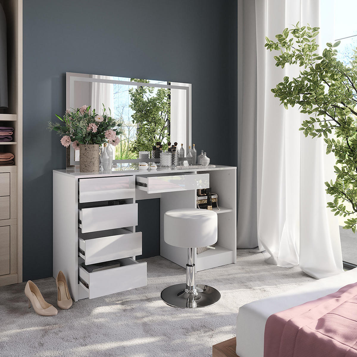 SCHMINKTISCH Sherry Weiß/Weiß Hochglanz 128.2 cm mit LED-Spiegel und Hocker - Weiß Hochglanz, Holzwerkstoff (128.2/76/50.1cm) - Vicco