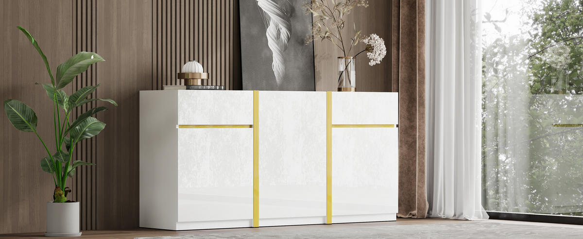 SIDEBOARD Hochglanz 3 Türen 2 Schubladen modern - Weiß, Holz (160/78/40cm) - LEBENLANG