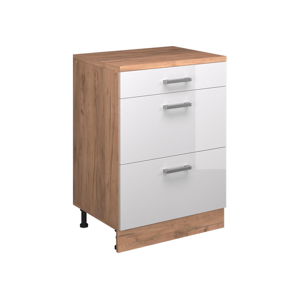 KUHINJSKA OMARA ZA POŠEVNE STREHE R-Line, Bela visok sijaj, 60 cm brez naklona z 3 predaloma - bela/medeni hrast, leseni material (60/83.8/46cm) - Vicco