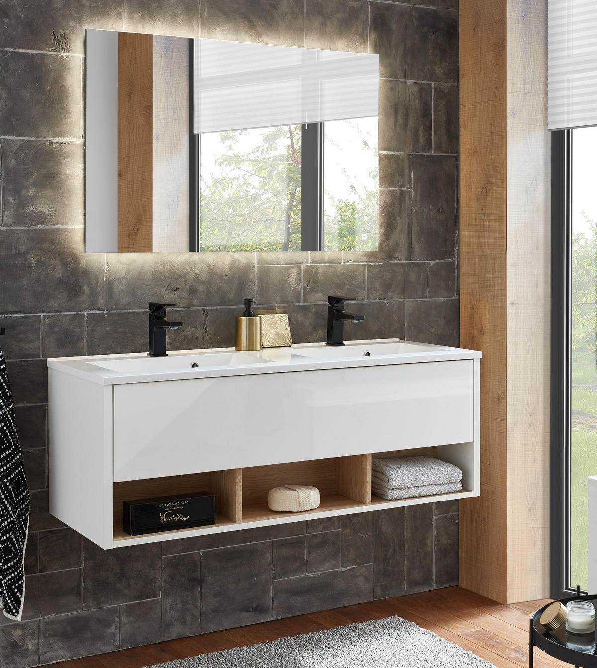 BADMÖBEL Set in weiß Hochglanz und Eiche mit Doppelwaschbecken und LED Beleuchtung 120 x 190 cm Glide - Weiß Hochglanz, Glas/Holzwerkstoff (120/190/47cm) - Furn.Design